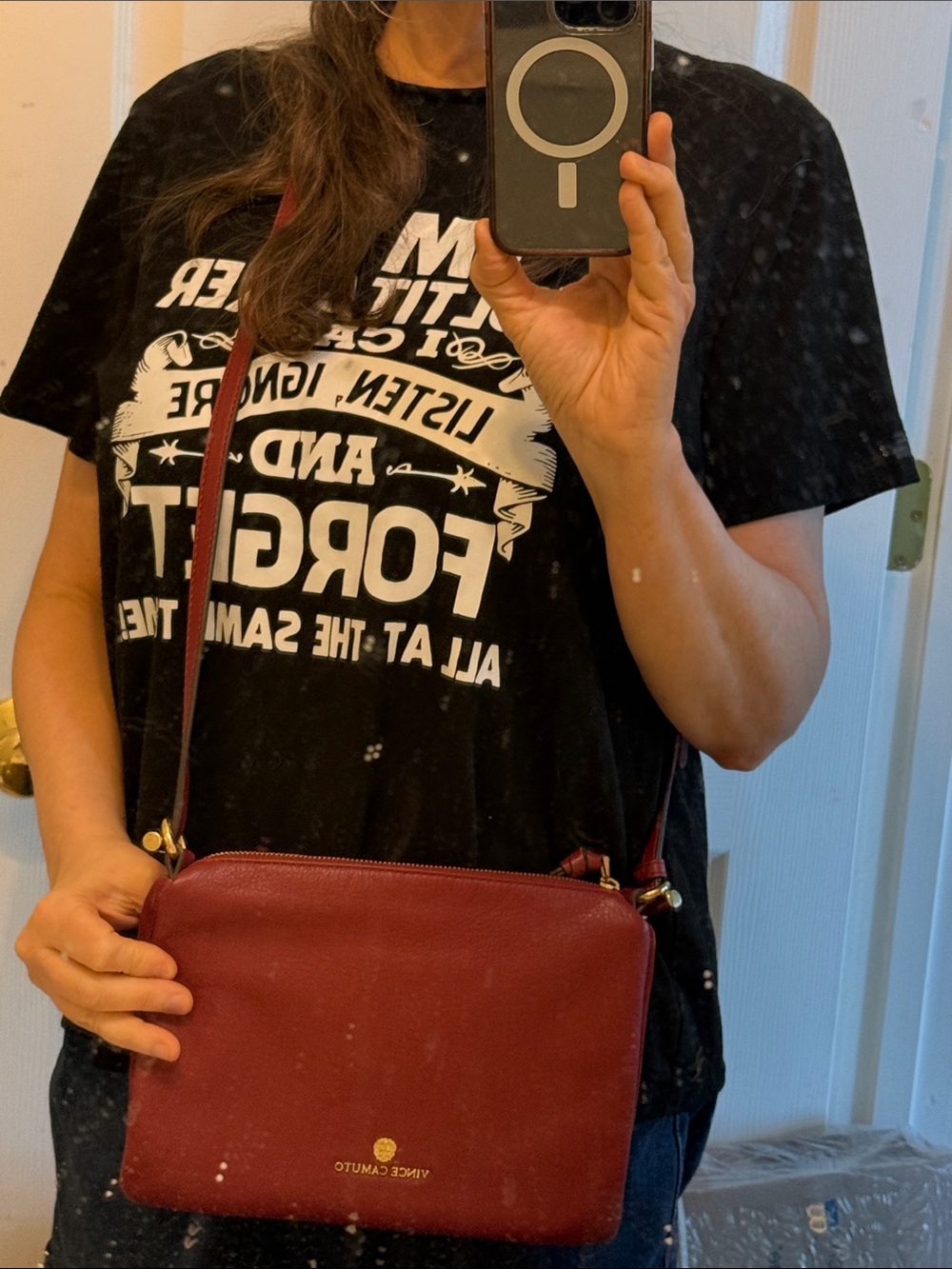 Vince Camuto Burgundy Leather Crossbody with Gold Logo 7” x 10” strap 22” appx - Picture 10 of 13